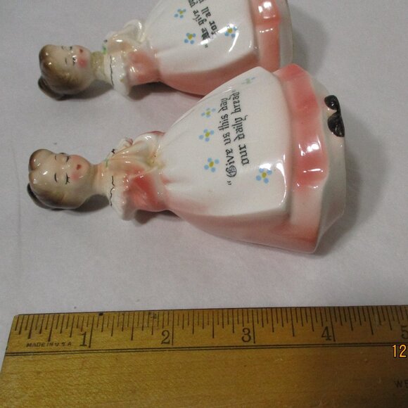 Vintage Enesco Praying Girls Ladies Salt & Pepper Pink Dresses. Give us This Day - Picture 11 of 11